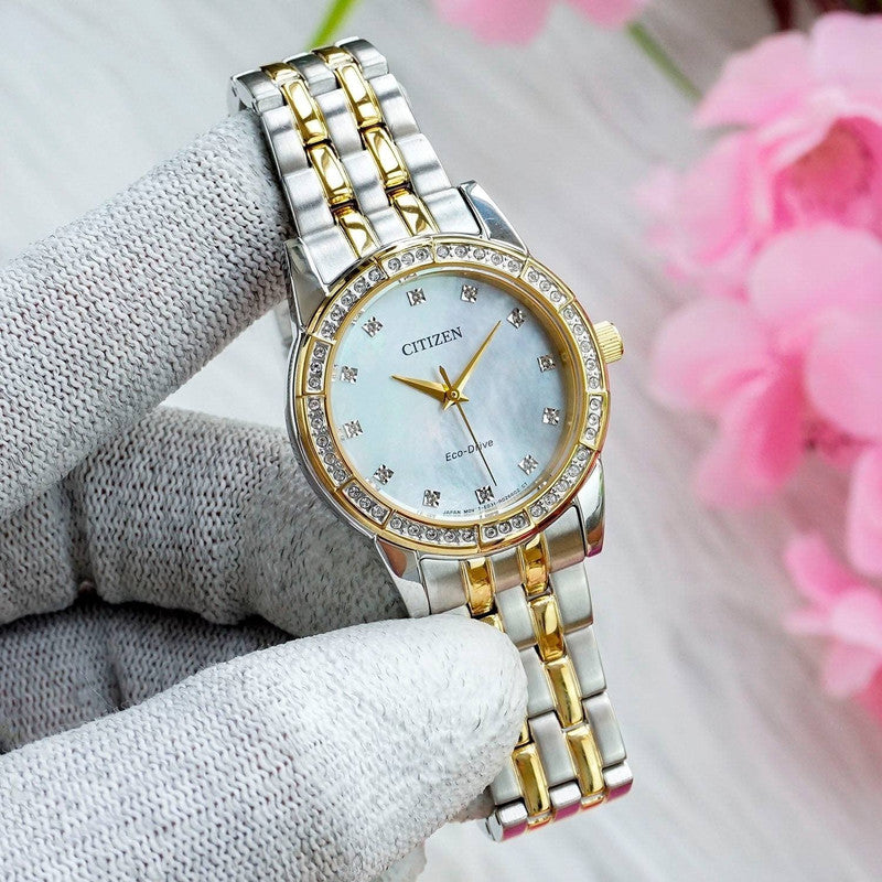 Citizen Eco-Drive Gold Silver Stainless Steel Mother Of Pearl Ladies Watch EM0774-51D Citizen